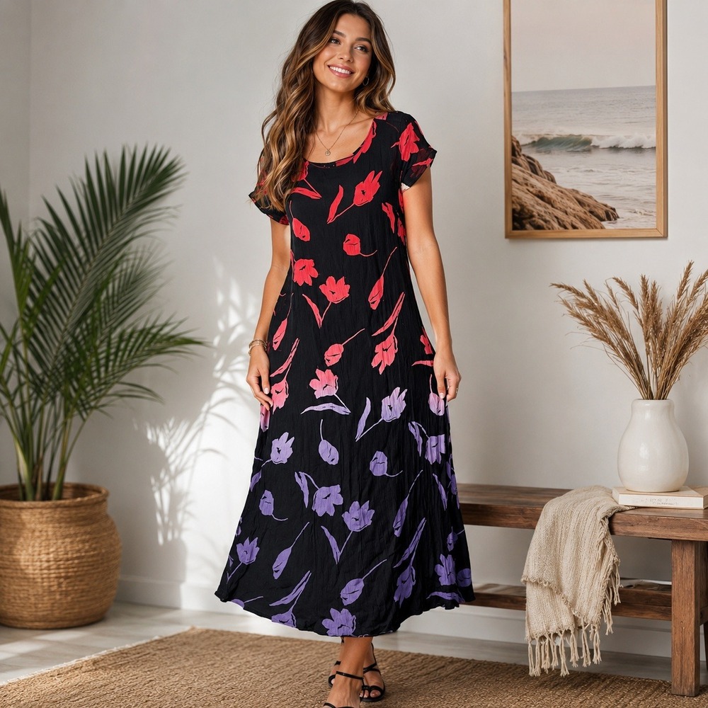 Chaudry Floral Crinkle Rayon Maxi Dress Black Red Purple Tulip Print Large
